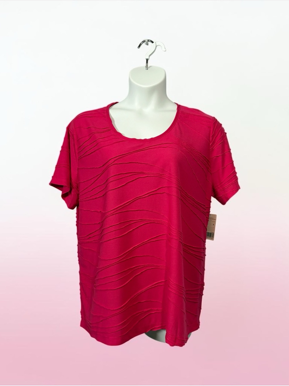 iyla, Bright Pink Textured Top, 2X Plus Size Stretch Blouse Shirt